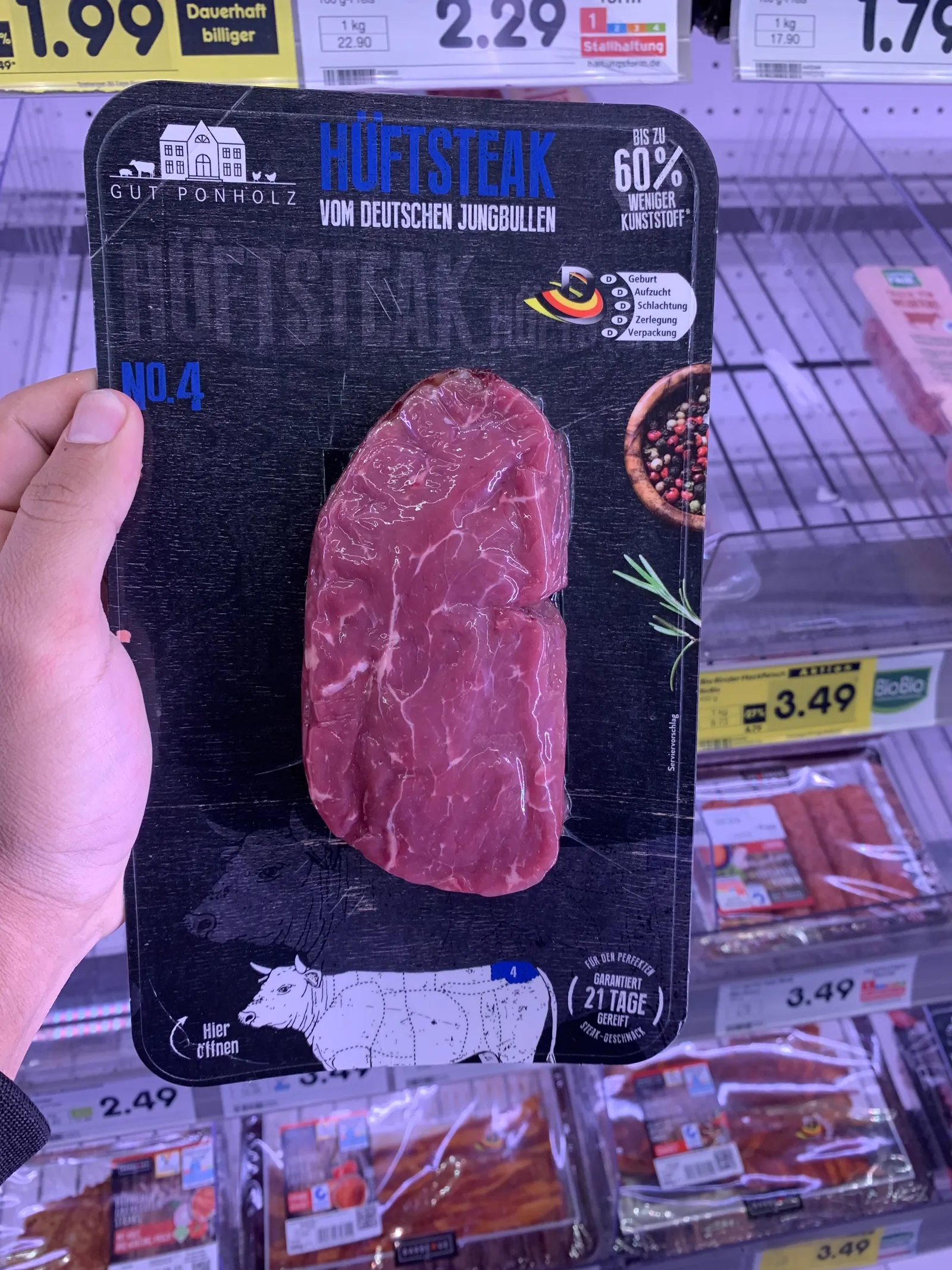Bife de alcatra Gut Ponholz em embalagem skin de base preta